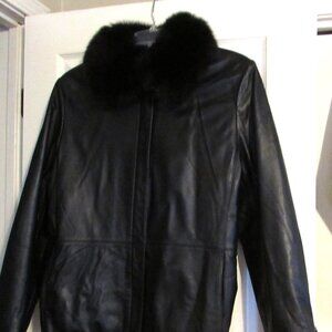 ARCTIC RIVER (BERNARDO) Soft Leather Jacket or Coat Black Fox Fur Collar Size XL